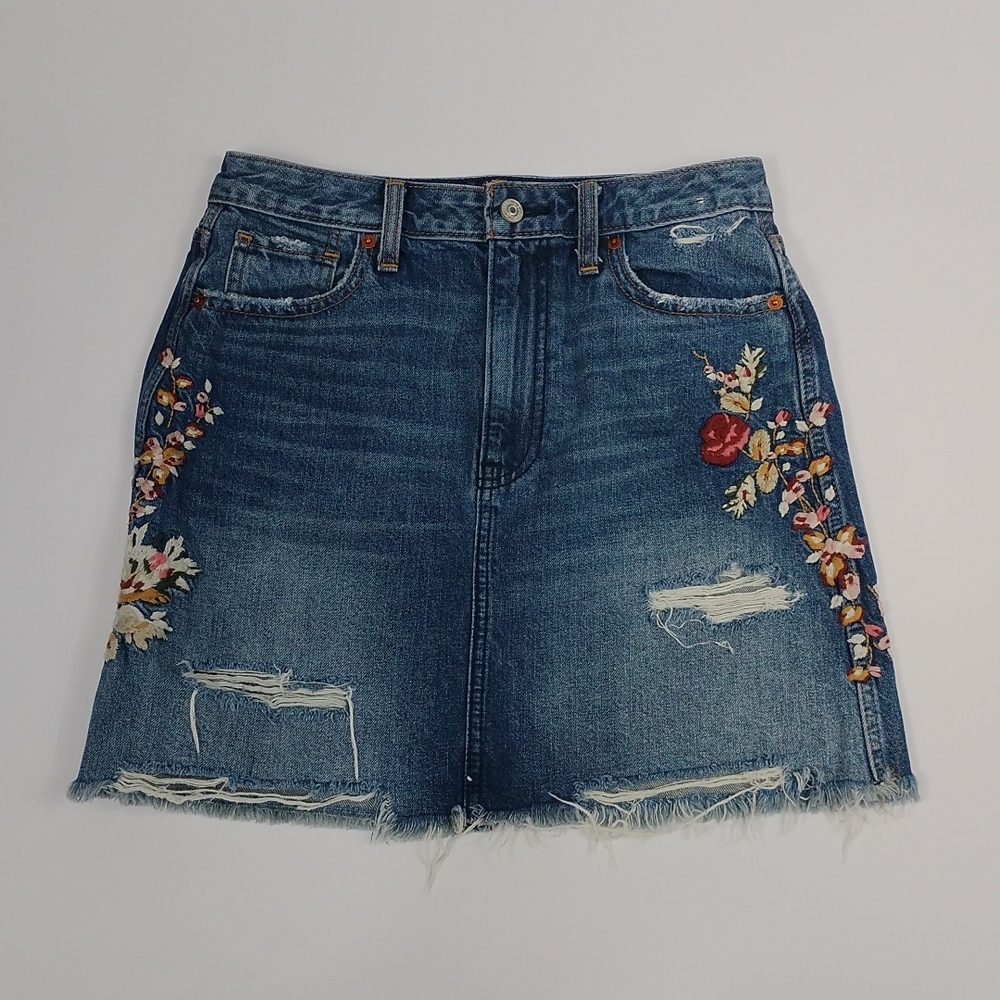 Abercrombie & Fitch Embroidered Distressed Denim Mini Skirt